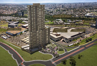 Mapa aéreo mostrando o Étera próximo ao Uberlândia Shopping, Leroy Merlin, Sam's Club, Parque da Gávea e Novotel